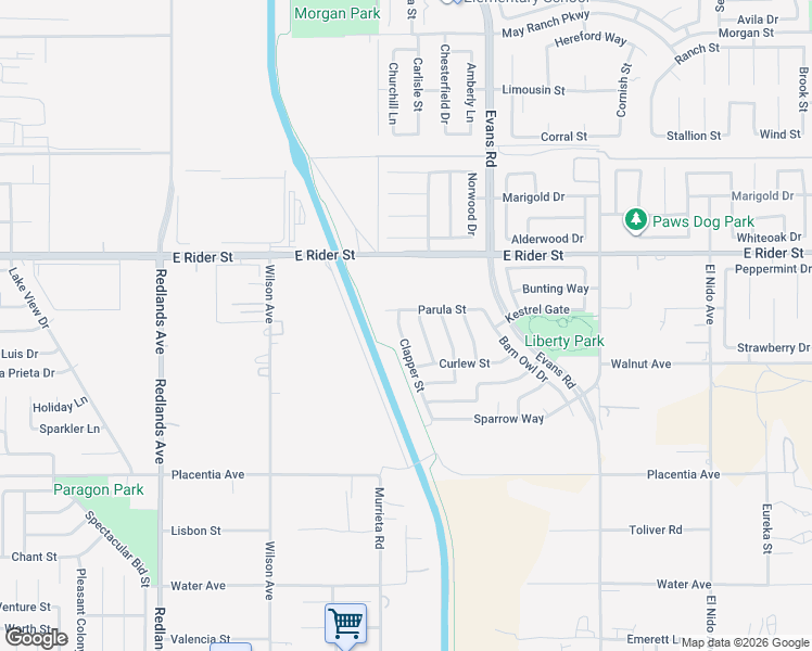 map of restaurants, bars, coffee shops, grocery stores, and more near 3127 Plover Way in Perris