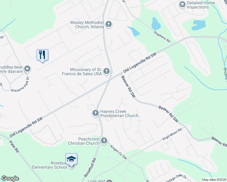 map of restaurants, bars, coffee shops, grocery stores, and more near 3920 Rosebud Road in Loganville