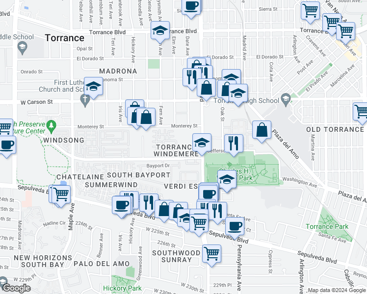 map of restaurants, bars, coffee shops, grocery stores, and more near 2559 Plaza del Amo in Torrance