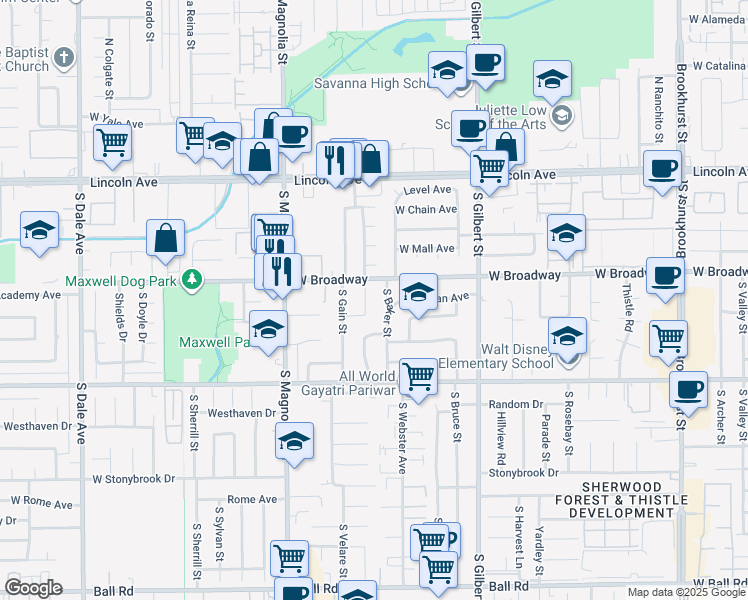 map of restaurants, bars, coffee shops, grocery stores, and more near 316 South Beachy Place in Anaheim