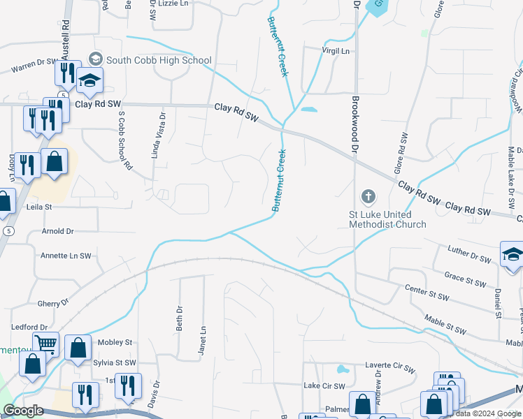 map of restaurants, bars, coffee shops, grocery stores, and more near 5136 Huntcrest Drive Southwest in Mableton
