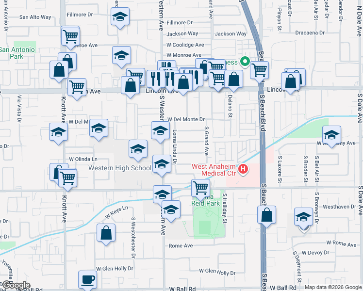 map of restaurants, bars, coffee shops, grocery stores, and more near 3144 West Paso Robles Drive in Anaheim