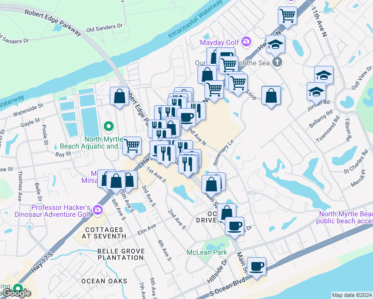 map of restaurants, bars, coffee shops, grocery stores, and more near 100 Ye Olde Kings Highway in North Myrtle Beach