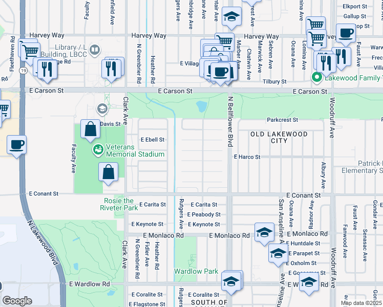 map of restaurants, bars, coffee shops, grocery stores, and more near 5346 East Brockwood Street in Long Beach