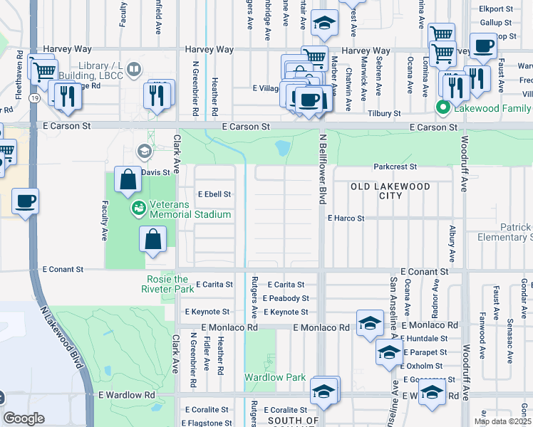map of restaurants, bars, coffee shops, grocery stores, and more near 5346 East Brockwood Street in Long Beach