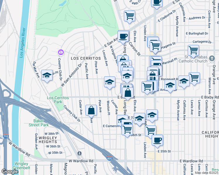 map of restaurants, bars, coffee shops, grocery stores, and more near 45 La Linda Drive in Long Beach
