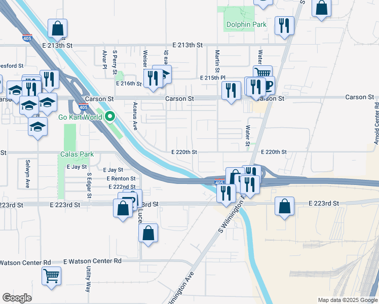map of restaurants, bars, coffee shops, grocery stores, and more near 1455 East 220th Street in Carson