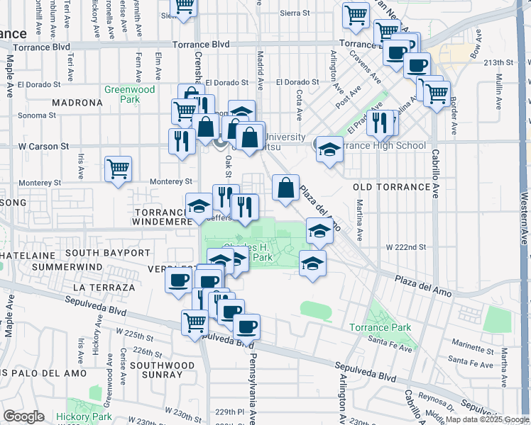 map of restaurants, bars, coffee shops, grocery stores, and more near 2303 Jefferson Street in Torrance