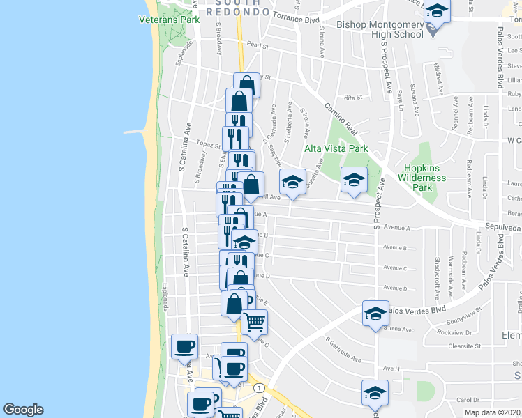 map of restaurants, bars, coffee shops, grocery stores, and more near 531 Avenue A in Redondo Beach