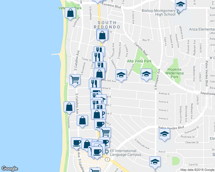 map of restaurants, bars, coffee shops, grocery stores, and more near 531 Avenue A in Redondo Beach