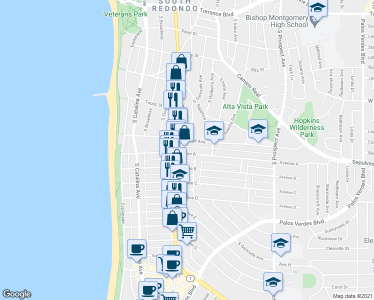 map of restaurants, bars, coffee shops, grocery stores, and more near 531 Avenue A in Redondo Beach