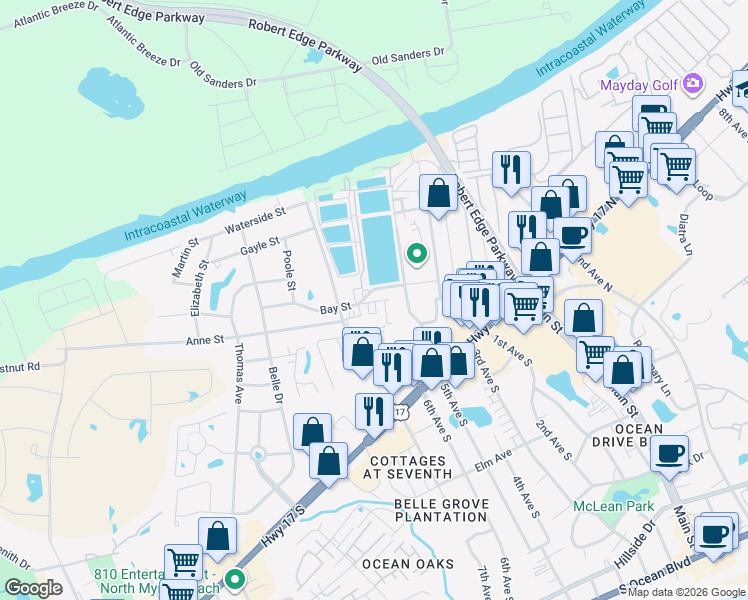 map of restaurants, bars, coffee shops, grocery stores, and more near 515 Bay Street in North Myrtle Beach