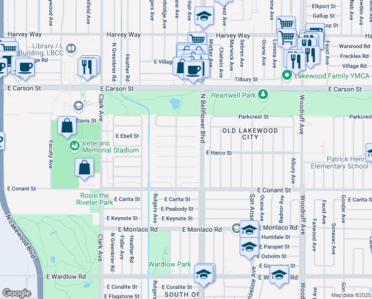 map of restaurants, bars, coffee shops, grocery stores, and more near 5422 East Brockwood Street in Long Beach