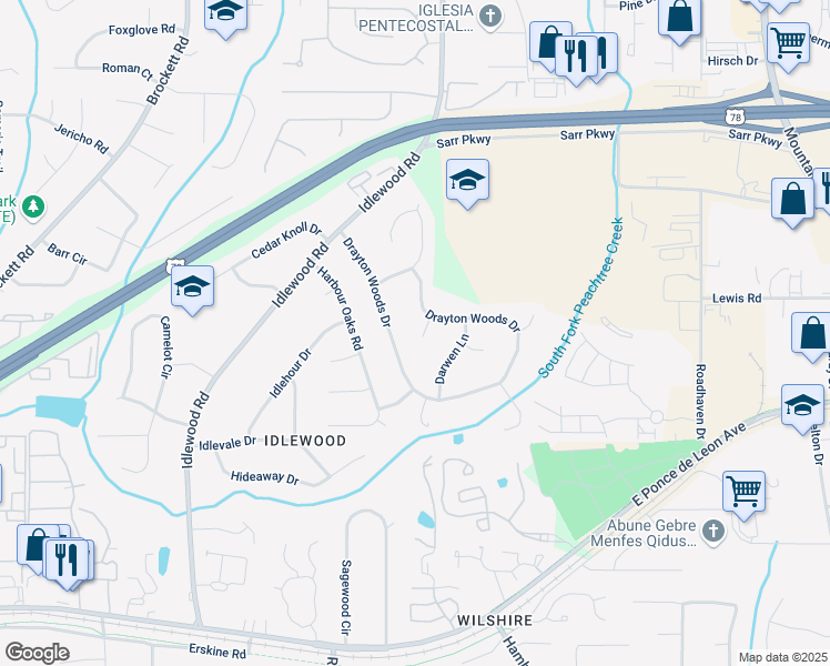 map of restaurants, bars, coffee shops, grocery stores, and more near 4268 Melbourne Court in Tucker