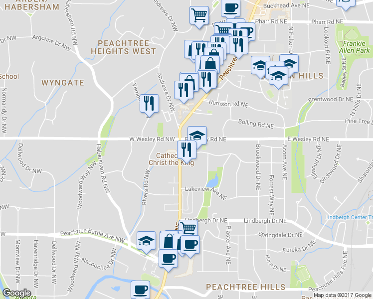 map of restaurants, bars, coffee shops, grocery stores, and more near 2699 Peachtree Way Northeast in Atlanta