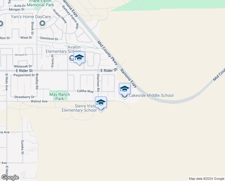 map of restaurants, bars, coffee shops, grocery stores, and more near 3034 Cayenne Way in Perris