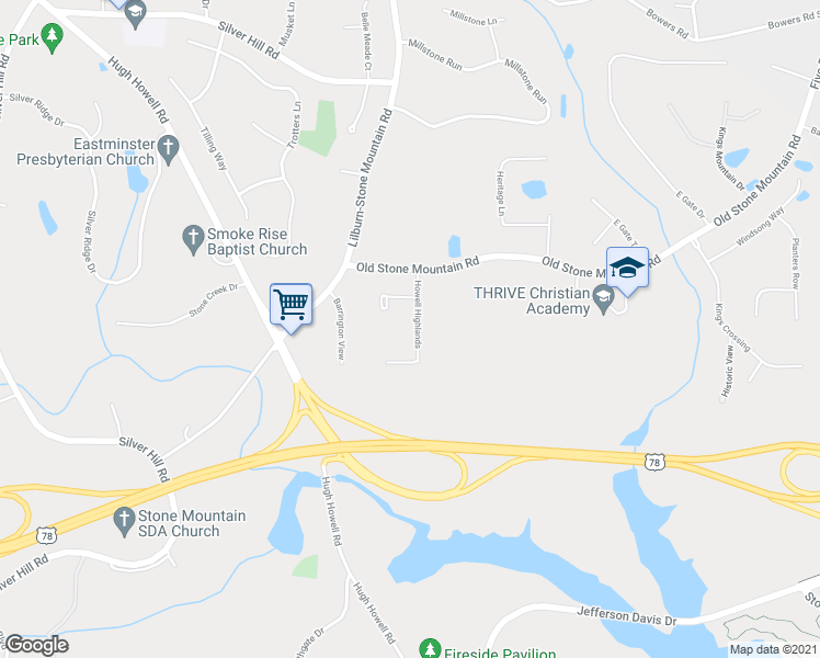 map of restaurants, bars, coffee shops, grocery stores, and more near 1594 Howell Highlands in Stone Mountain