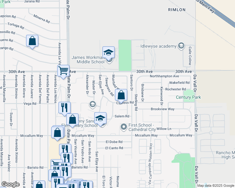 map of restaurants, bars, coffee shops, grocery stores, and more near 69402 Sawgrass Road in Cathedral City