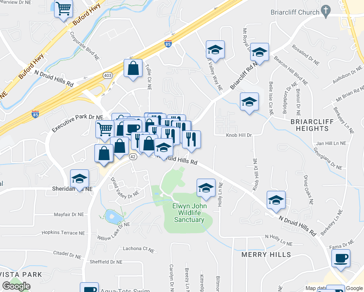 map of restaurants, bars, coffee shops, grocery stores, and more near 1594 Woodcliff Drive Northeast in Atlanta
