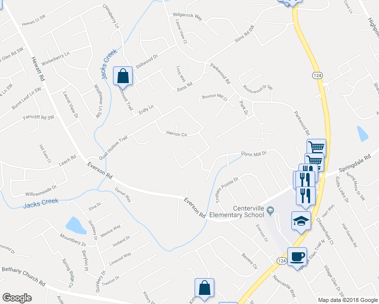 map of restaurants, bars, coffee shops, grocery stores, and more near 2849 Fenton Place in Snellville