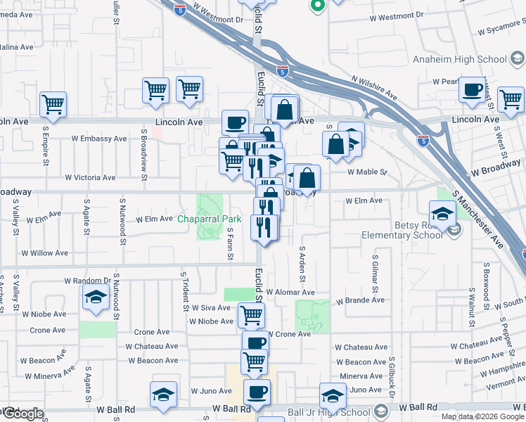 map of restaurants, bars, coffee shops, grocery stores, and more near 1697 West Rhombus Lane in Anaheim