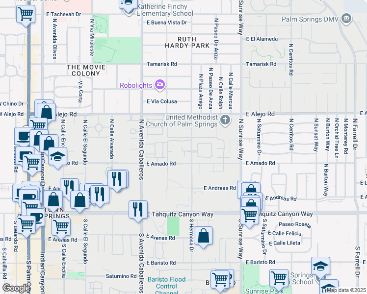 map of restaurants, bars, coffee shops, grocery stores, and more near 353 North Hermosa Drive in Palm Springs