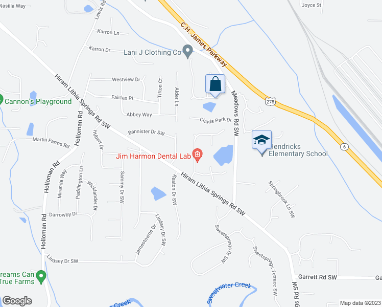 map of restaurants, bars, coffee shops, grocery stores, and more near 5132 Meadows Lake Drive in Powder Springs