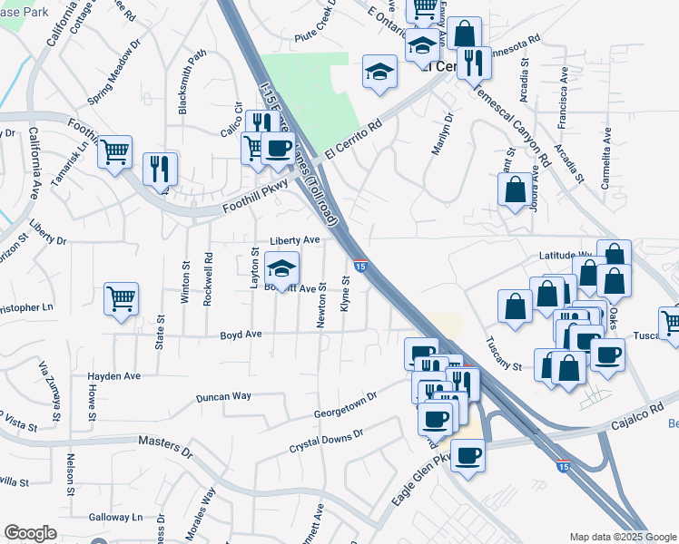 map of restaurants, bars, coffee shops, grocery stores, and more near 20075 Klyne Street in Corona
