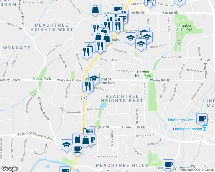 map of restaurants, bars, coffee shops, grocery stores, and more near 100 Peachtree Way Northeast in Atlanta