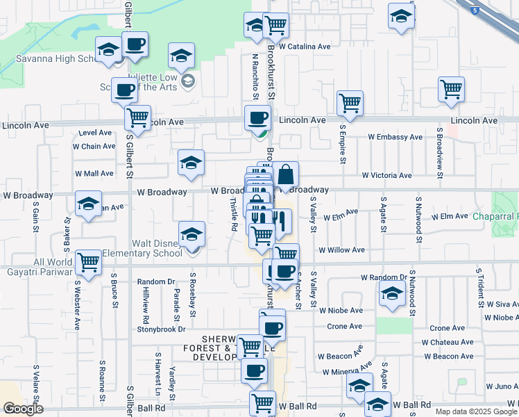 map of restaurants, bars, coffee shops, grocery stores, and more near 331 South Brookhurst Street in Anaheim