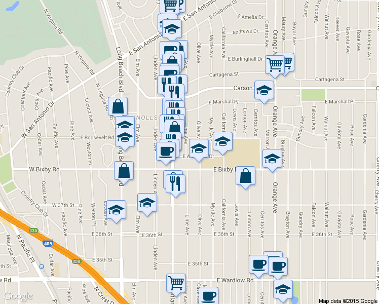 map of restaurants, bars, coffee shops, grocery stores, and more near 3834 Lime Avenue in Long Beach