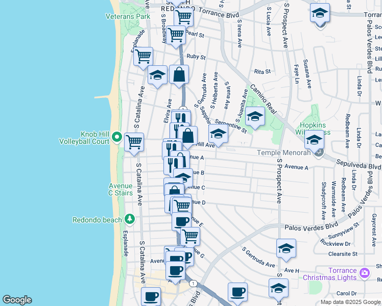 map of restaurants, bars, coffee shops, grocery stores, and more near 539 Avenue A in Redondo Beach