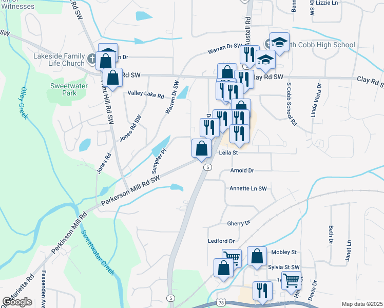map of restaurants, bars, coffee shops, grocery stores, and more near 2130 Perkerson Mill Road Southwest in Austell