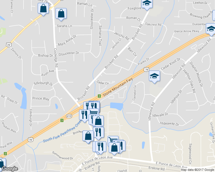 map of restaurants, bars, coffee shops, grocery stores, and more near 3945 Cedar Circle in Tucker