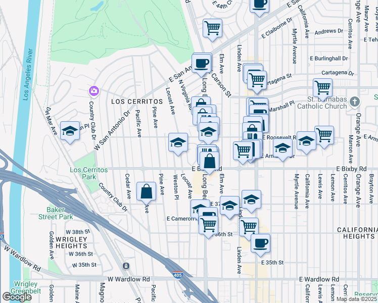 map of restaurants, bars, coffee shops, grocery stores, and more near 45 La Linda Drive in Long Beach