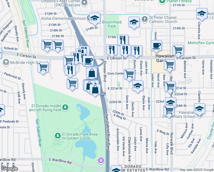 map of restaurants, bars, coffee shops, grocery stores, and more near 22020 Pioneer Boulevard in Hawaiian Gardens
