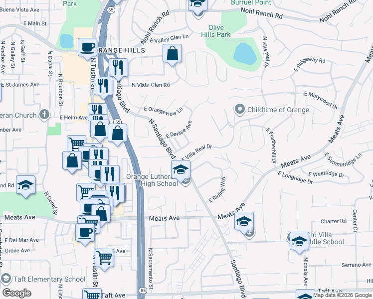 map of restaurants, bars, coffee shops, grocery stores, and more near 2348 East Altura Avenue in Orange