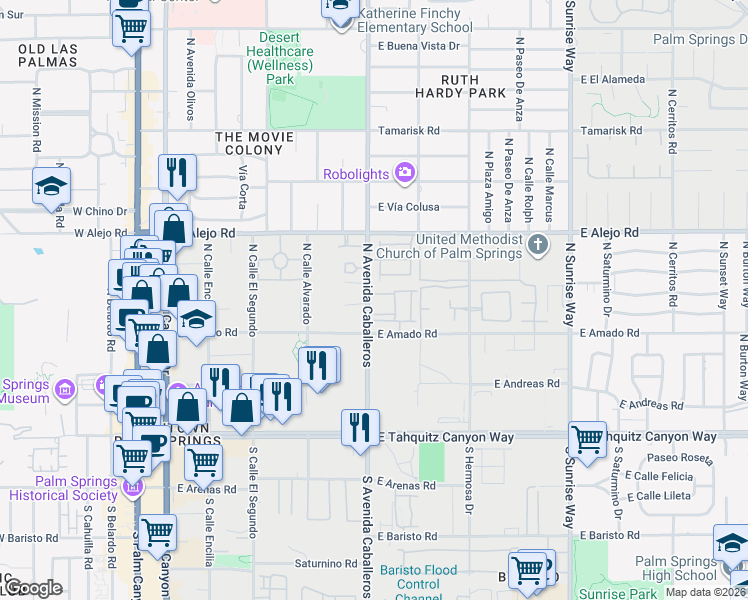 map of restaurants, bars, coffee shops, grocery stores, and more near 400 North Avenida Caballeros in Palm Springs