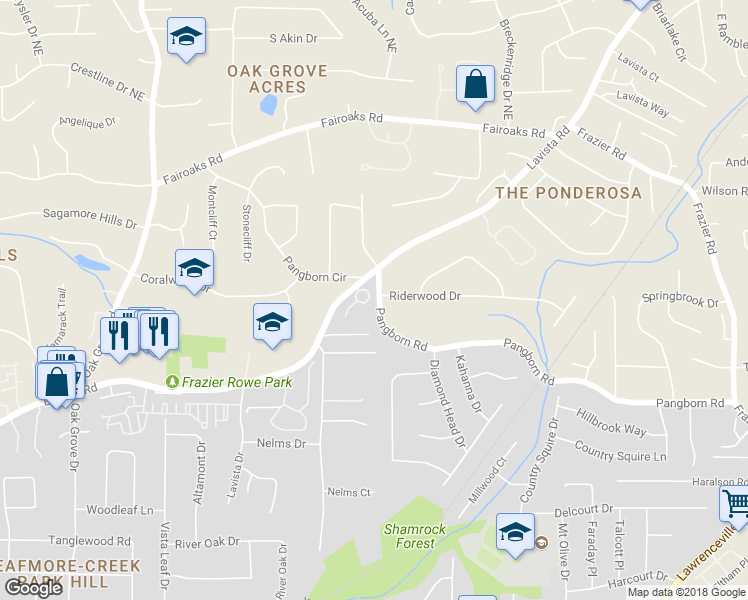 map of restaurants, bars, coffee shops, grocery stores, and more near 2664 Oak Park Trail in Decatur