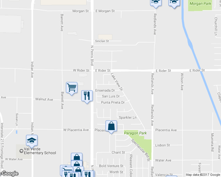 map of restaurants, bars, coffee shops, grocery stores, and more near 128 Ensenada Drive in Perris