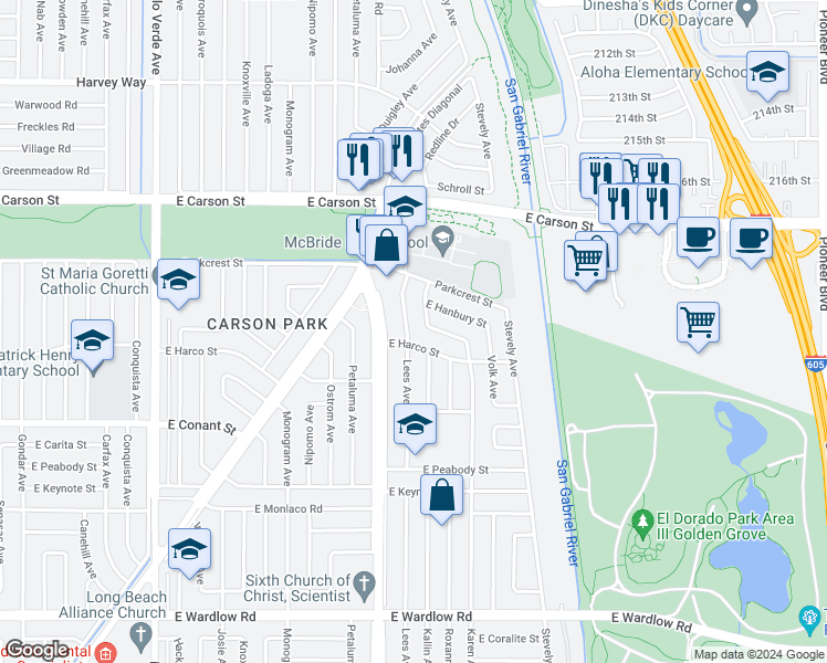 map of restaurants, bars, coffee shops, grocery stores, and more near 3910 Lees Avenue in Long Beach