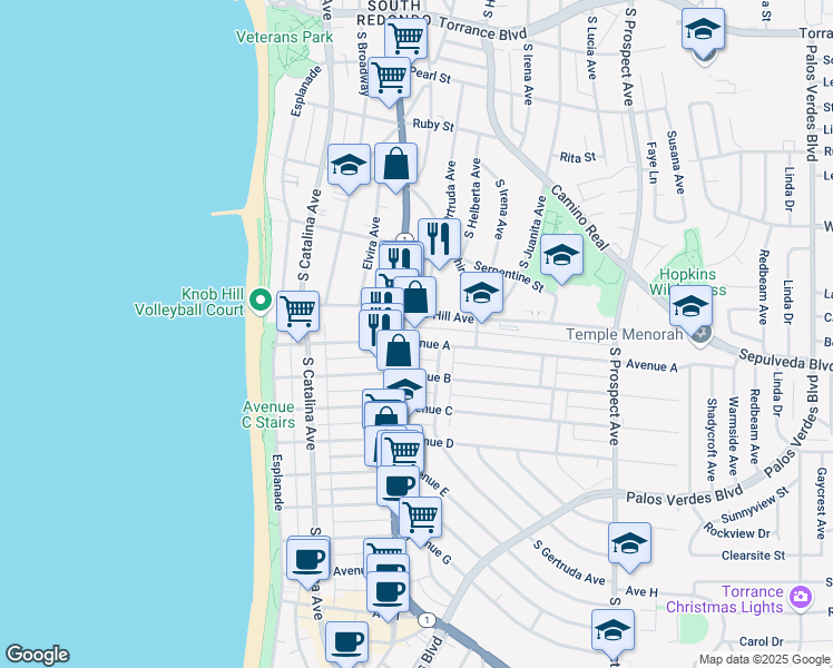 map of restaurants, bars, coffee shops, grocery stores, and more near 531 Avenue A in Redondo Beach