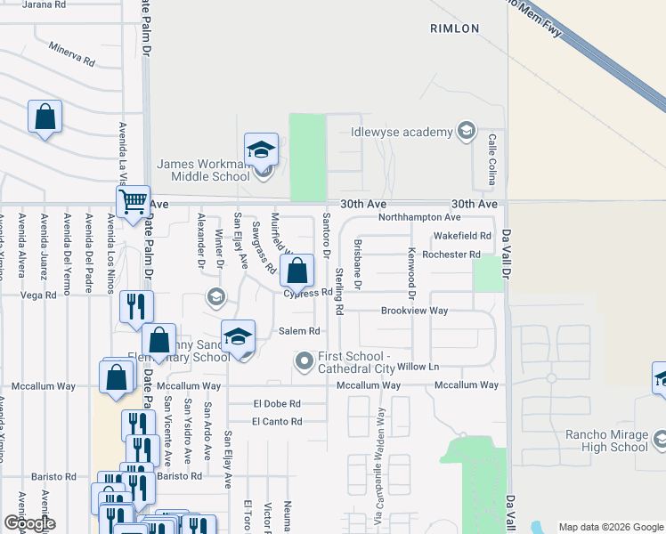 map of restaurants, bars, coffee shops, grocery stores, and more near 30399 Sterling Road in Cathedral City