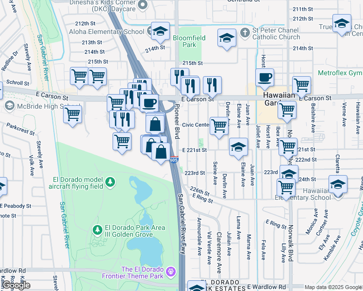 map of restaurants, bars, coffee shops, grocery stores, and more near 22020 Pioneer Boulevard in Hawaiian Gardens