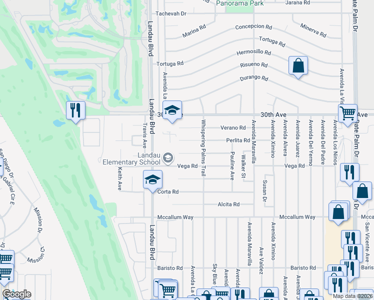 map of restaurants, bars, coffee shops, grocery stores, and more near 68190 Modalo Road in Cathedral City