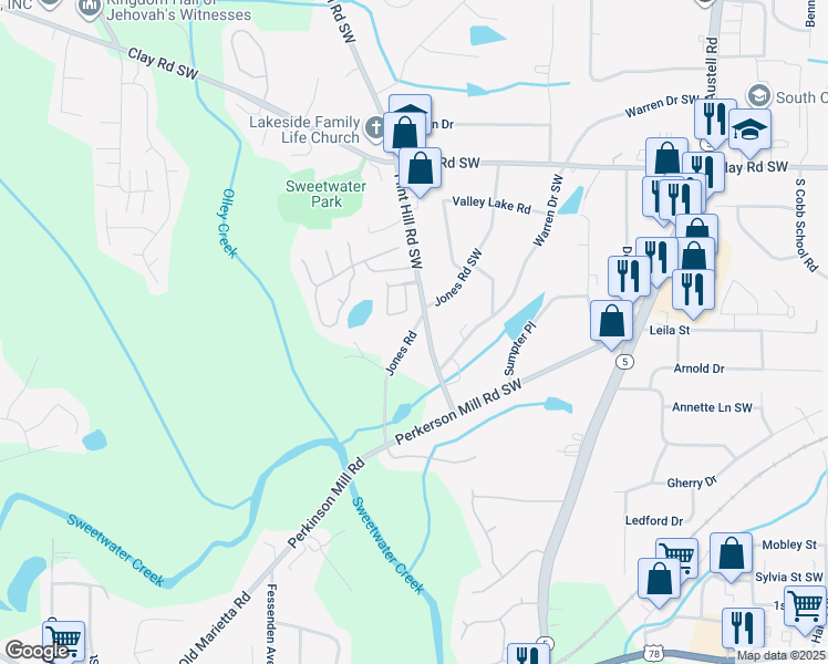 map of restaurants, bars, coffee shops, grocery stores, and more near 5177 Jones Road in Austell
