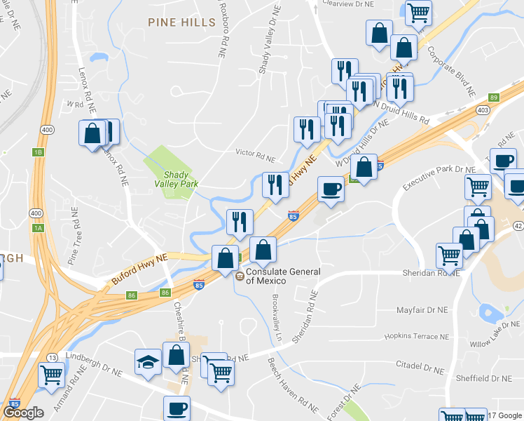 map of restaurants, bars, coffee shops, grocery stores, and more near 2719 Dunex Hill Lane Northeast in Atlanta