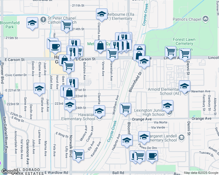 map of restaurants, bars, coffee shops, grocery stores, and more near 22027 Hawaiian Avenue in Hawaiian Gardens