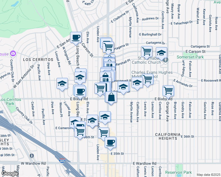 map of restaurants, bars, coffee shops, grocery stores, and more near 3838 Atlantic Avenue in Long Beach