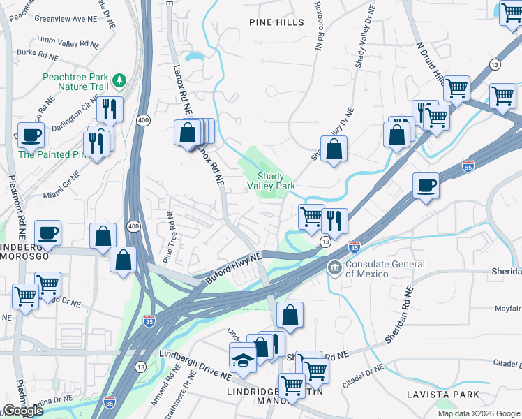 map of restaurants, bars, coffee shops, grocery stores, and more near 1107 Valley Overlook Drive Northeast in Atlanta